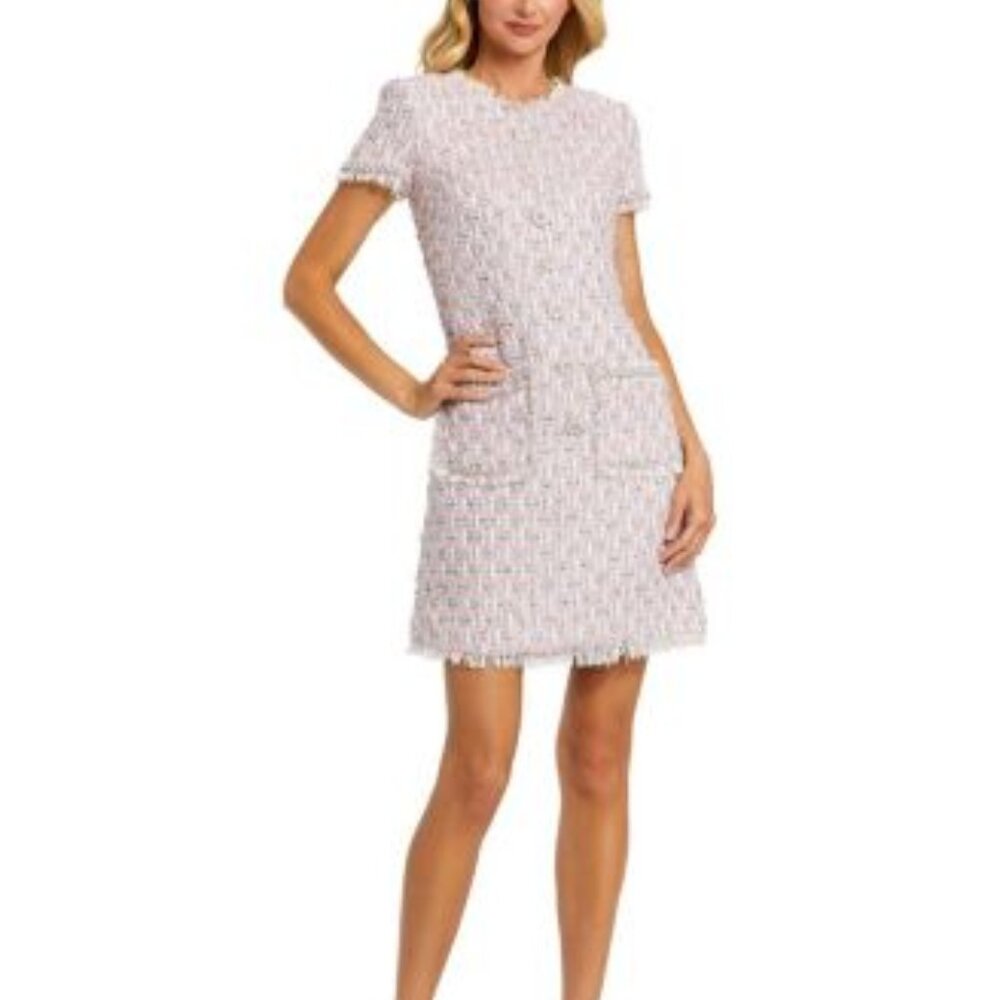Mac Duggal Pink Tweed Short Sleeve Shift Dress
